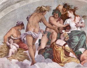 Alegorie Lata i Jesieni (Bachus i Ceres), Ściana Północna, luneta nad Drzwiami do Ogrodu, Sala Olimpu autorstwa Veronese