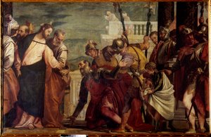 Jezus Chrystus i setnik. Setnik Kafarnaum błagał Jezusa, by walczył ze swoim sparaliżowanym sługą. Obraz Paolo Veronese (1528-1588) XVI w. Słońce. 1,92x2,97 m Madryt, Muzeum Prado