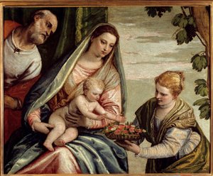 Święta Rodzina z darczyńcą (św. Dorothee) Obraz Paolo Veronese (1528-1588) XVI-wieczne słońce. 0,76x0,94 m Bordeaux, Musee des Beaux Arts - Święta Rodzina z darczyńcą (św. Dorothea). Obraz Veronese (Paolo Caliari) (1528-1588) autorstwa Veronese