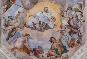 Uniwersalna Harmonia w otoczeniu bogów: Zeusa z orłem, Marsa, Apollo z lirą, Wenus, Merkurego z kaduceuszem, Diany z psami i Saturna, centralnego ośmiokąta Sali Olimpu autorstwa Veronese