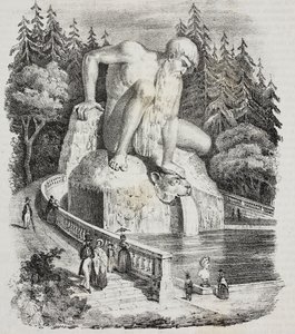 Kolos z Apeninów (by Giambologna) w parku Villa Demidoff (Villa Medicea Pratolino), Vaglia, Toskania, Włochy, litografia Giovanniego Mariani z Poliorama Pittoresco, nr 10, 15 października