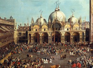 Walka byków lub polowanie na byki na Piazza San Marco, autorstwa Giovanniego Antonio Canal, znanego jako Canaletto (1697-1768) i Giovanniego Battisty Cimaroli (1687-po 1753), olej na płótnie, 99x145 cm autorstwa Canaletto