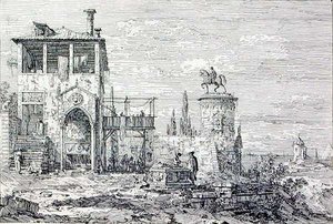Krajobraz z pomnikiem jeździeckim (rycina) autorstwa Canaletto