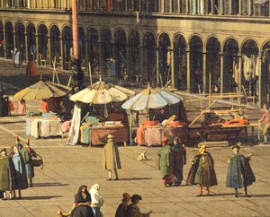 Piazza San Marco (Plac Świętego Marka) od Bazyliki w kierunku kościoła San Geminiano i Procuratie Nuove (budynki prokuratorów), Wenecja, autorstwa Giovanniego Antonio Canal, znanego jako Canaletto (1697-1768), Olej na płótnie, 68,5x93,5 cm , około 1735