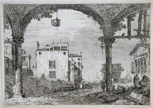 Widok przez arkadę w kierunku budynków przybrzeżnych (akwaforta) autorstwa Canaletto