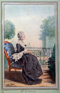Pełnowymiarowy portret Julie de Lespinasse (1732-1776) listonoszki. Akwarela autorstwa Louisa Carrogisa (1717-1806) znanego jako Carmontelle. Chantilly z XVIII wieku, conde museum