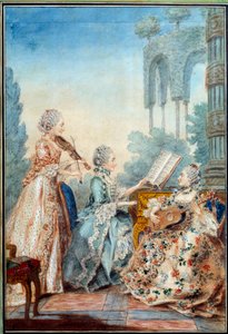 Trzy córki kompozytora Josepha Nicolasa Pancrace Royera (1705-1755) wykonujące partyturę baletu Zaide Aquarelle Louisa Carrogisa Carmontelle (1717-1806) 1760 Paryż, Musee Carnavalet autorstwa Carmontelle