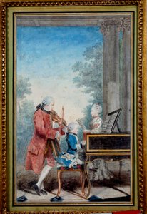 Wolfgang Amadeus Mozart (1756-1791) jako dziecko grające na pianinie z ojcem i siostrą