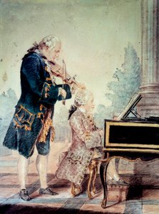 Wolfgang Amadeus Mozart (1756-1791) dziecko grające na fortepianie ze swoim ojcem Leopoldem”” Akwarela Louisa Carrogisa Carmontelle (1717-1806) 1777 Paryż, Musee Carnavalet