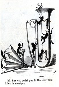 Pan Sax zostaje zraniony przez czarnego lekarza. (Adolphe (Adolph) Sax, wynalazca saksofonu (1814-1894). autorstwa Nadar