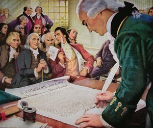 John Hancock (1737-93) podpisuje amerykańską Deklarację Niepodległości, 4 lipca 1776 (kolor lito)