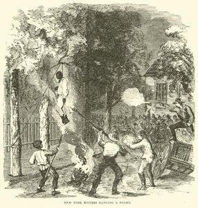 Nowojorscy uczestnicy zamieszek wieszają czarnoskórego, lipiec 1863 (rycina)