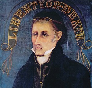 Patrick Henry, przedstawiony z napisem "Liberty or Death" (litografia kolorowa)