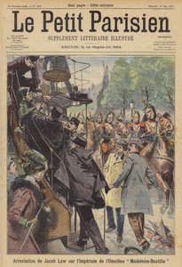 Aresztowanie mężczyzny na pokładzie paryskiego autobusu po tym, jak oddał strzały do przejeżdżającego oddziału kawalerii (kolorowa litografia) autorstwa (after) Carrey