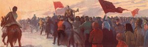 Tłum zwolenników rosyjskiego przywódcy rewolucyjnego Aleksandra Kiereńskiego (litografia kolorowa)