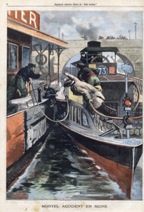 Śmiertelny wypadek na Sekwanie: pracownik firmy des Bateaux Parisiens ginie rozbił się między dwiema łodziami w pobliżu mostu Charenton. Grawer w „Le Petit Parisien”” z dnia 17.02.1901.