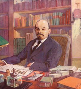 Rosyjski przywódca bolszewików Lenin w swoim biurze na Kremlu, Moskwa, ZSRR (kolor lito)