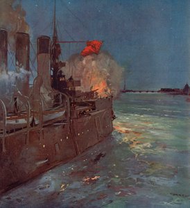 Rosyjski krążownik Aurora oddał strzał sygnalizujący szturm na Pałac Zimowy w Piotrogrodzie, rewolucja rosyjska, 25 października 1917 (kolor lito)