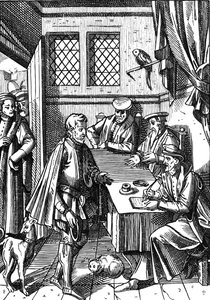Bailliage, czyli Trybunał Komornika Królewskiego, po drzeworytnictwie w „Praxis Rerum Civilium” Joosa de Damhoudera (1507–81) opublikowanym w Antwerpii