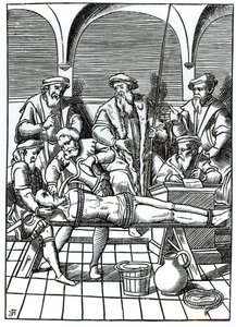 Tortury wodne, według drzeworytu z "Praxis Rerum Criminalium" Joosa de Damhoudera (1507-81) opublikowanego w Antwerpii
