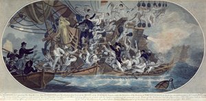 Wejście na pokład i zdobycie nieżyjącego już statku Jego Królewskiej Mości, Hermiony (obecnie Retribution) 25 października 1799 r., grawerowane przez Roffe (akwaforta kolorowa) autorstwa (after) Elms
