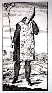 Czarownik skazany na śmierć przez Inkwizycję, kopia ilustracji z „Kompletnej historii Inkwizycji”, Londyn 1736, wykorzystana w „Historii magii”, opublikowanej pod koniec XIX wieku (rycina) autorstwa (after) English School