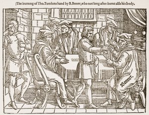 Spalenie Tho. Ręka Tomkinsa autorstwa B. Bonera, który niedługo potem spalił również jego ciało, ilustracja z „The Church of England: A History for the People” autorstwa H.D.M. Spence-Jones, wyd. ok. 1910 (lito) (zdjęcie w sepii) autorstwa (after) English School