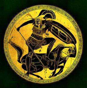 Wojownik i centaur, ilustracja z „Greek Vase Paintings” autorstwa JE Harrisona i DS MacColla, opublikowana w 1894 r. (obraz ulepszony cyfrowo) autorstwa (after) English School
