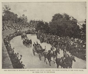 Uroczystości na Węgrzech, Jego Wysokość i Premier Hrabia Szapary w Powozie Państwowym w drodze do Pałacu (zdjęcie czarno-białe) autorstwa (after) English photographer