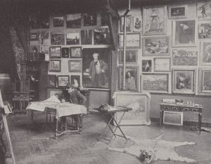 Francuski malarz Alfred Philippe Roll w swoim studio (zdjęcie czarno-białe) autorstwa (after) French Photographer