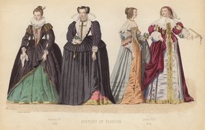 Moda we Francji: Henryk IV 1590; Ludwik XIII 1614 (kolorowa rycina) autorstwa (after) French School