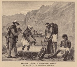 Poszukiwacze złota, Nowa Granada, Kolumbia (litografia) autorstwa (after) French School