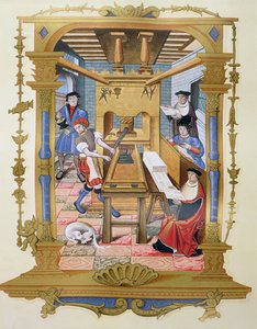 Wnętrze drukarni z XVI wieku, kopia miniatury z „Chants royaux sur la Conception Couronnee du Puy de Rouen” (kolor litho)