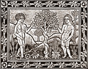 Drzewo, z którego Adam zjadł Jabłko, faksymilia z księgi medytacji, pierwszej książki wydrukowanej w Albi w Langwedocji w 1481 r. autorstwa (after) French School