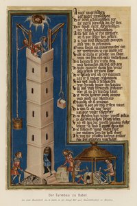Budowa wieży Babel (kolorowa litografia) autorstwa (after) German School