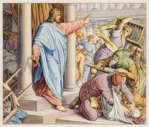 Jezus oczyszczający świątynię (kolorowa litografia)