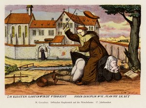 Mnich dyscyplinujący mniszkę w ogrodzie klasztornym (kolorowa litografia) autorstwa (after) German School