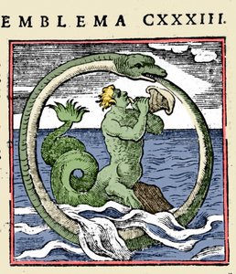 Tryton i uroboros, ilustracja „Symbole” (Emblemy z książeczki) autorstwa Andrei Alciati (kolor litho)