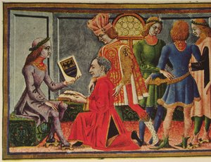 Cesarz Fryderyk III odbiera książkę astronoma Giovanniego Bianchiniego „Tablets of Astrology” (kolor lito)