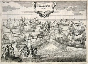 Walka galeonów i galeasów: schwytanie kapitana wyspy Chios, ilustracja z „Wartości Toskanii w najbardziej znaczących przedsięwzięciach Cavalieri di Santo Stefano” autorstwa Fulvio Fontany, ryt. H. Vincent