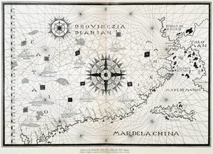 Mapa kompasu z XVI-wiecznego atlasu, oparta na oryginale zachowanym w bibliotece Museo Civico w Wenecji