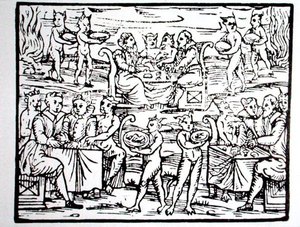Uczta czarnoksiężnika, kopia ilustracji z „Compendium Maleticarum” ks. M. Guaccius, Mediolan 1608, wykorzystana w wydanej w końcu XIX w. „Historii magii” (drzewryt) autorstwa (after) Italian School