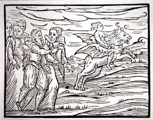 Czarownica dosiadająca diabolicznego kozła, kopia ilustracji z „Kompendium Maleficarum” pana F. Guaccius, Mediolan 1608, wykorzystana w „Historii magii”, wydanej pod koniec XIX wieku (drzewryt)
