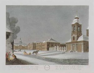 Widok Arsenału i Odlewni w Sankt Petersburgu, ilustracja na grudzień z „Roku w Sankt Petersburgu” sztychowana przez Johna H. Clarka, kolorowana przez M. Dubourga, wyd. 1815 w Londynie, Edward Orme (kolorowa lito) autorstwa (after) Mornay