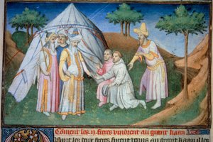 Bracia Nicolo i Matteo Polo, ojciec i wuj młodego Marco Polo (1254-1324) zostali przyjęci na dworze Wielkiego Kubilaja (Kubilai Khan, pierwszy cesarz mongolskiej dynastii Yuan (1215-1294), cesarz mongolski w 1271 r.” Miniatura zaczerpnięta z „