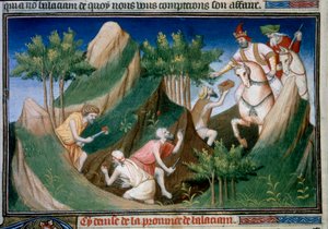 Wydobycie rubinów z góry Sighinan na polecenie króla Badachchan (region Persji) Miniatura zaczerpnięta z „”Księgi cudów””” („”Wymyślenie świata””, „”Il Milione””) Marco Polo (1254-1324) z ilustracją Mistrza