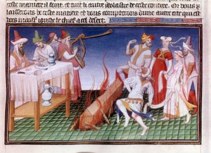 Ceremonia pogrzebowa w chińskiej prowincji Tangut (Gansu): scena kremacji Miniatura w „Księdze cudów””” („Wymyślenie świata”, „Il Milione”) rękopis fr.2810 (k. 23) przez Mistrza Boucicaut i napisany przez Marco Polo