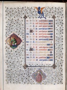 Strona rękopisu „Les Tres Riches Hours du Duke Francois de Guise””” decoree znaki zodiaku i przedstawienie pracy rolniczej, żniwa. Miniatura Mistrza Boucicaut autorstwa (and workshop) Boucicaut Master