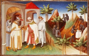Pan Fr 2810 f.83r, król Lar skupujący perły, miniatura z „Księgi cudów świata”, ok.1410-12 (tempera na welinie)