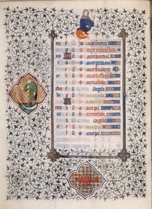 Strona rękopisu „Les Tres Riches Hours du Duke Francois de Guise”” opisana przez Mistrza z Boucicaut: przedstawienie znaków zodiaku i scen z życia codziennego: raka i człowieka z sierpem. XV wiek. Muzeum Conde, Chantilly autorstwa (and workshop) Boucicaut Master